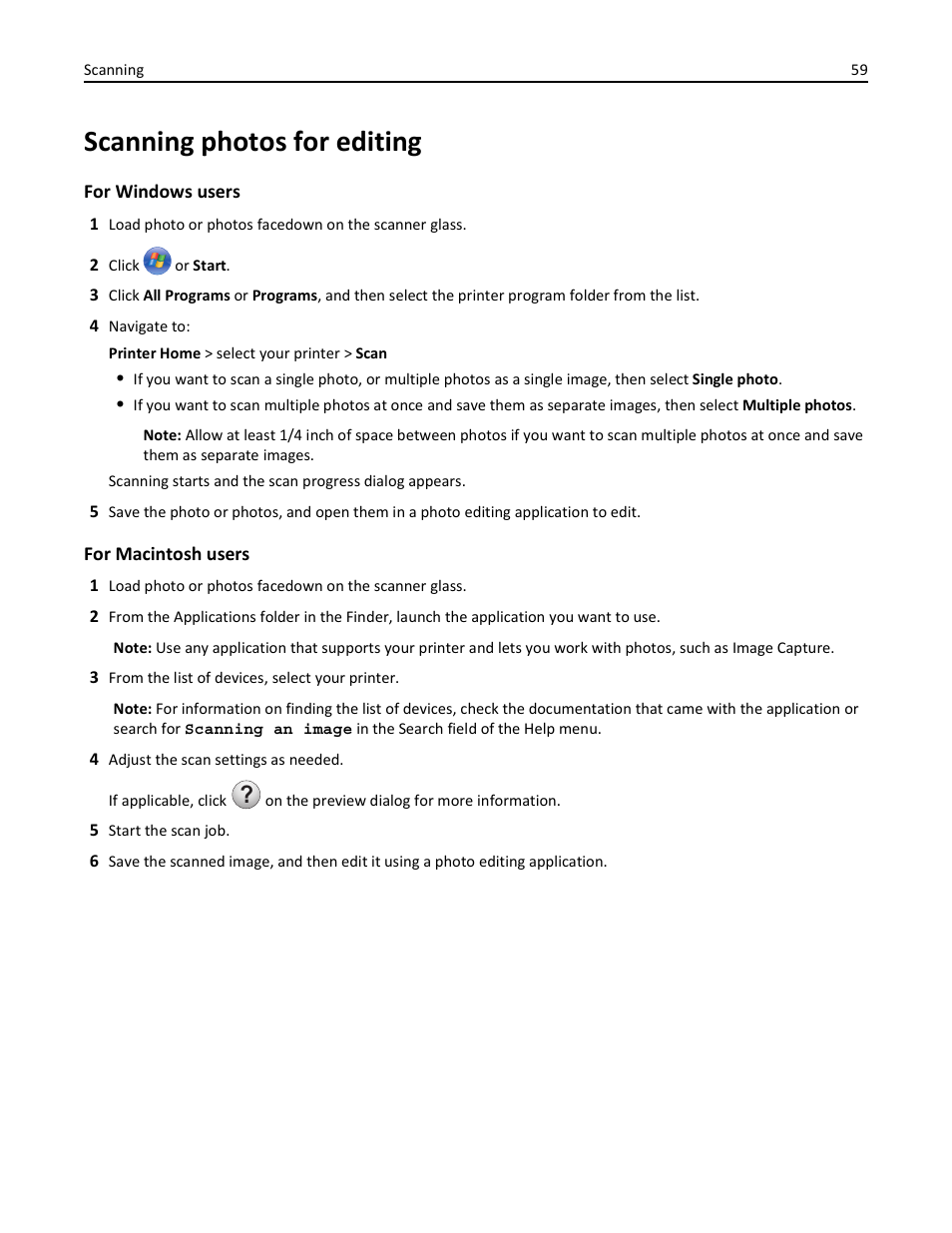Scanning photos for editing | Lexmark S510 User Manual | Page 59 / 189