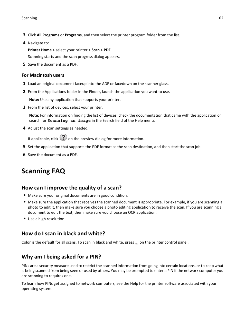 Scanning faq, How can i improve the quality of a scan, How do i scan in black and white | Why am i being asked for a pin | Lexmark S510 User Manual | Page 62 / 189