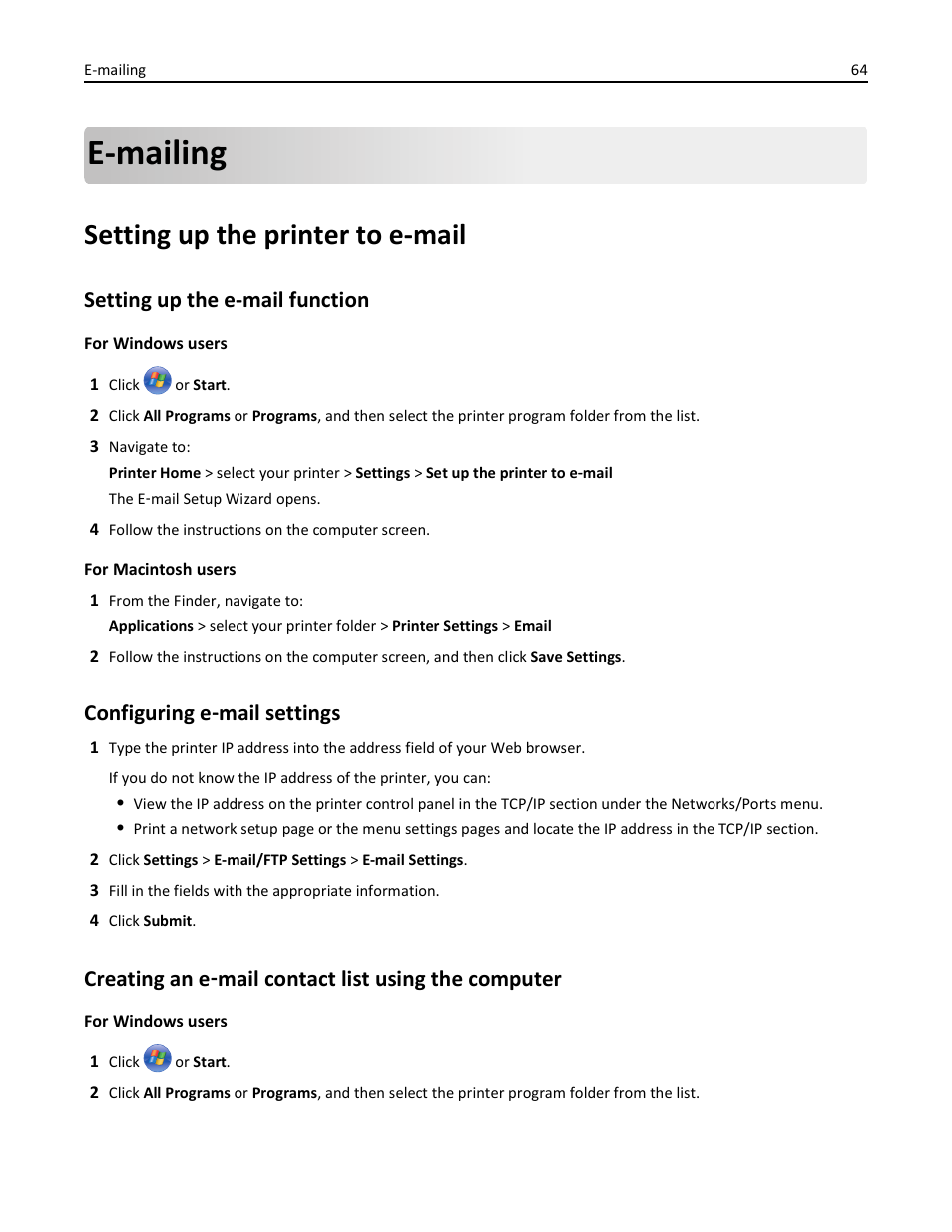 E-mailing, Setting up the printer to e-mail, Setting up the e-mail function | Configuring e-mail settings, Creating an e-mail contact list using the computer, Configuring e ‑ mail settings | Lexmark S510 User Manual | Page 64 / 189