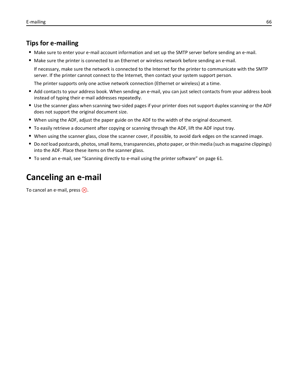 Tips for e-mailing, Canceling an e-mail, Canceling an e | Mail, Canceling an e ‑ mail, Tips for e ‑ mailing | Lexmark S510 User Manual | Page 66 / 189