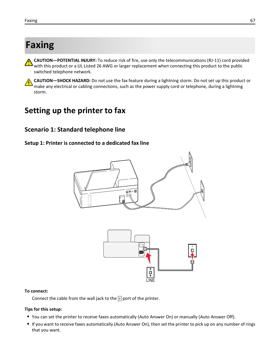 Faxing, Setting up the printer to fax, Scenario 1: standard telephone line | Lexmark S510 User Manual | Page 67 / 189