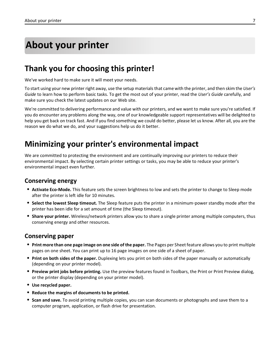 About your printer, Thank you for choosing this printer, Minimizing your printer's environmental impact | Conserving energy, Conserving paper | Lexmark S510 User Manual | Page 7 / 189