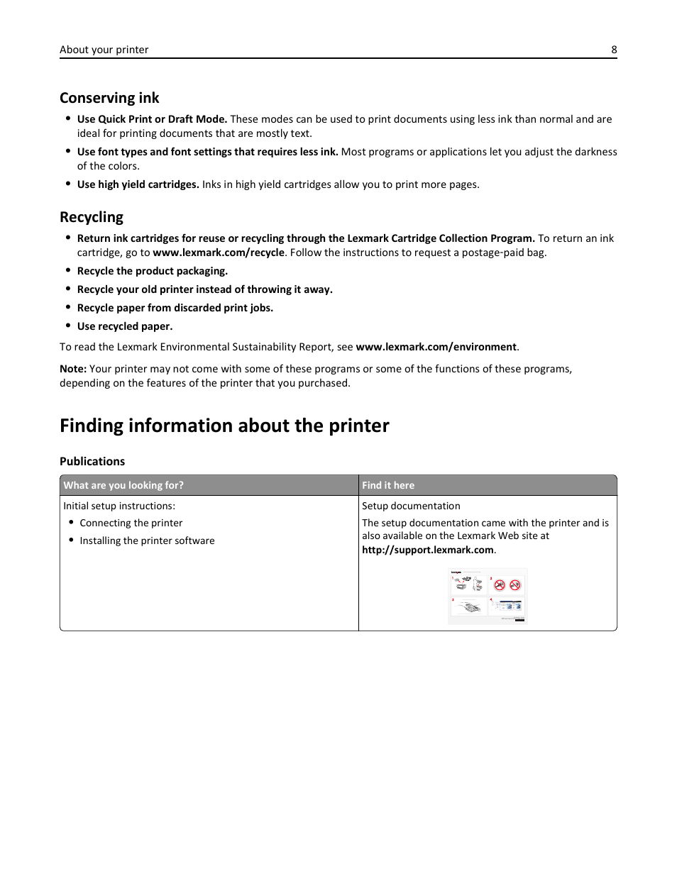 Finding information about the printer, Conserving ink, Recycling | Lexmark S510 User Manual | Page 8 / 189