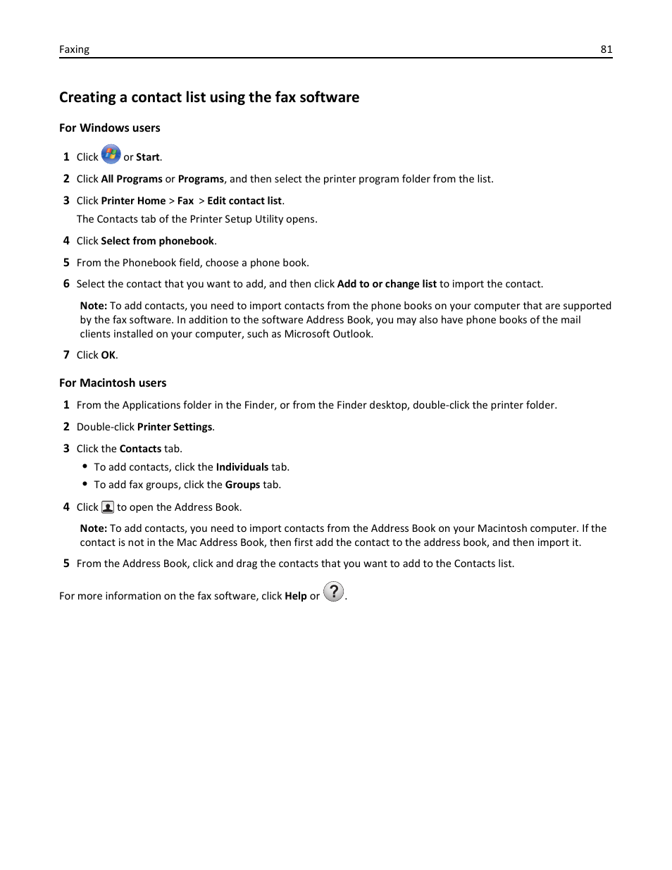 Creating a contact list using the fax software | Lexmark S510 User Manual | Page 81 / 189