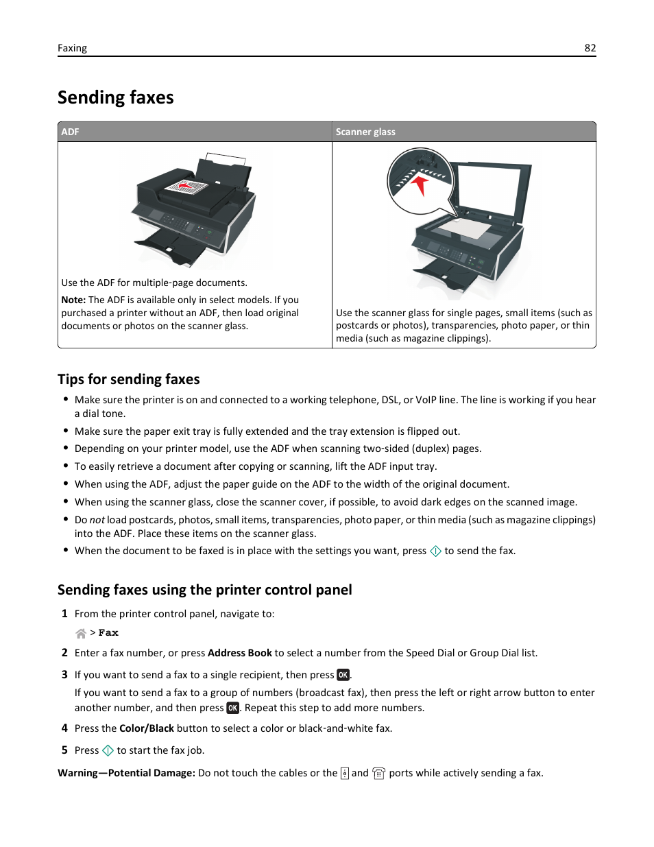 Sending faxes, Tips for sending faxes, Sending faxes using the printer control panel | Lexmark S510 User Manual | Page 82 / 189