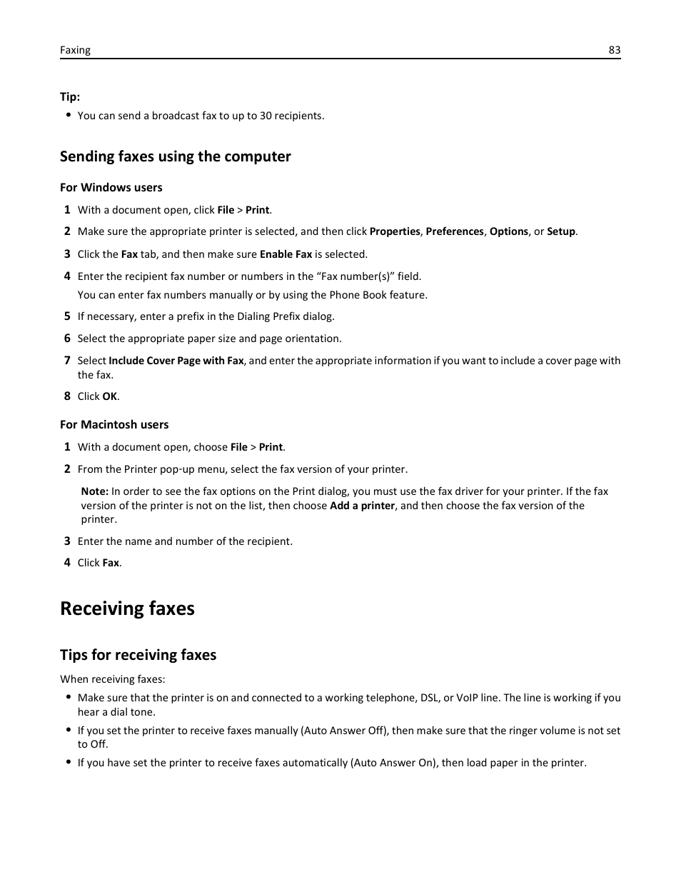 Sending faxes using the computer, Receiving faxes, Tips for receiving faxes | Lexmark S510 User Manual | Page 83 / 189