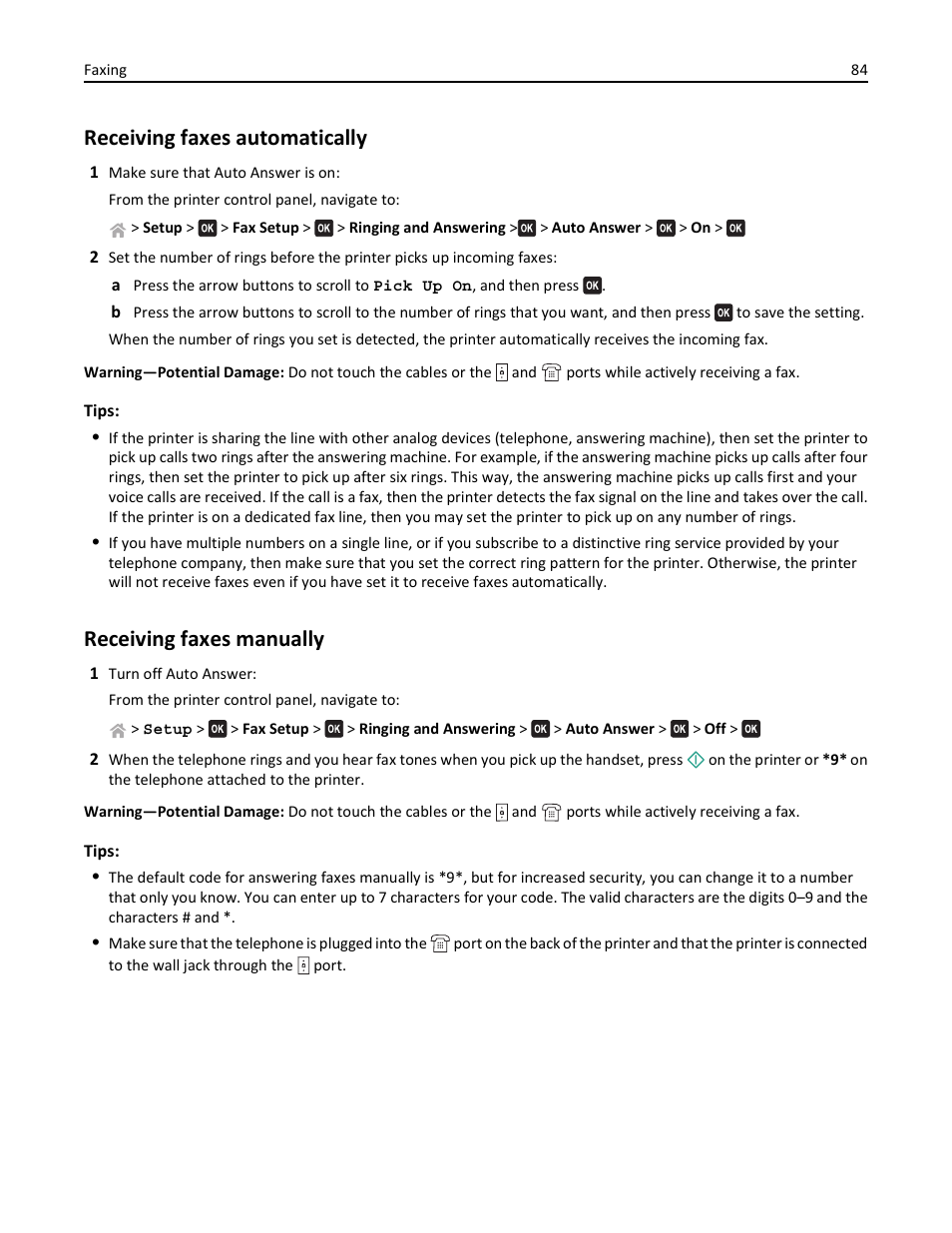 Receiving faxes automatically, Receiving faxes manually | Lexmark S510 User Manual | Page 84 / 189