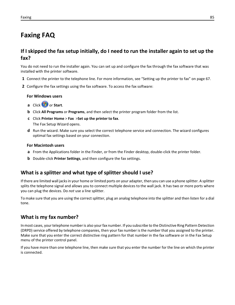 Faxing faq, What is my fax number | Lexmark S510 User Manual | Page 85 / 189