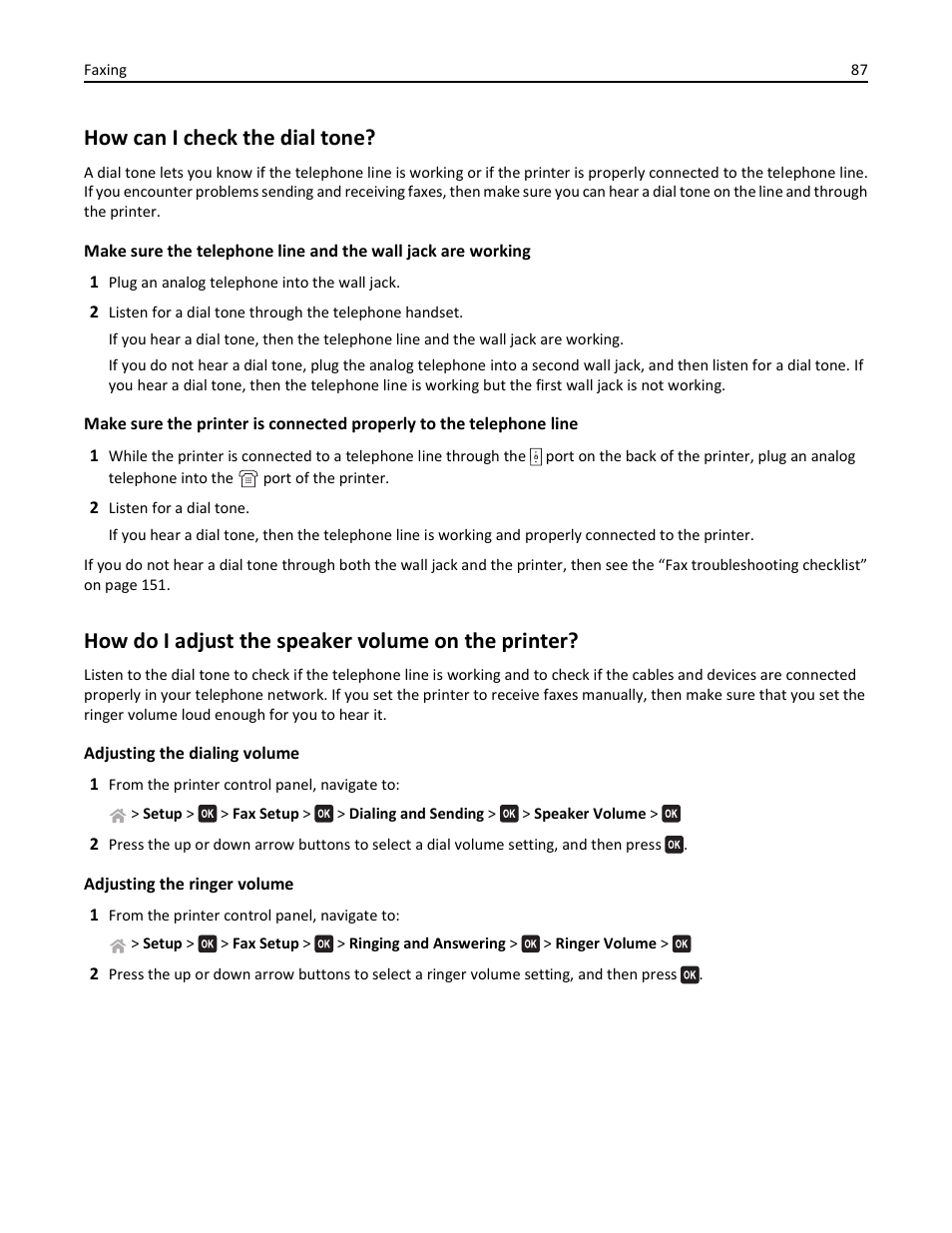 How can i check the dial tone, How do i adjust the speaker volume on the printer | Lexmark S510 User Manual | Page 87 / 189