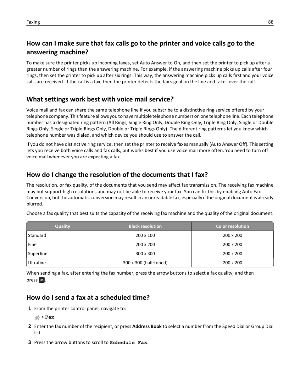 What settings work best with voice mail service, How do i send a fax at a scheduled time | Lexmark S510 User Manual | Page 88 / 189