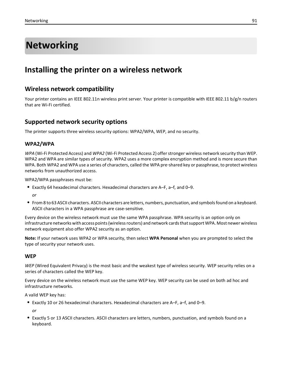 Networking, Installing the printer on a wireless network, Wireless network compatibility | Supported network security options | Lexmark S510 User Manual | Page 91 / 189