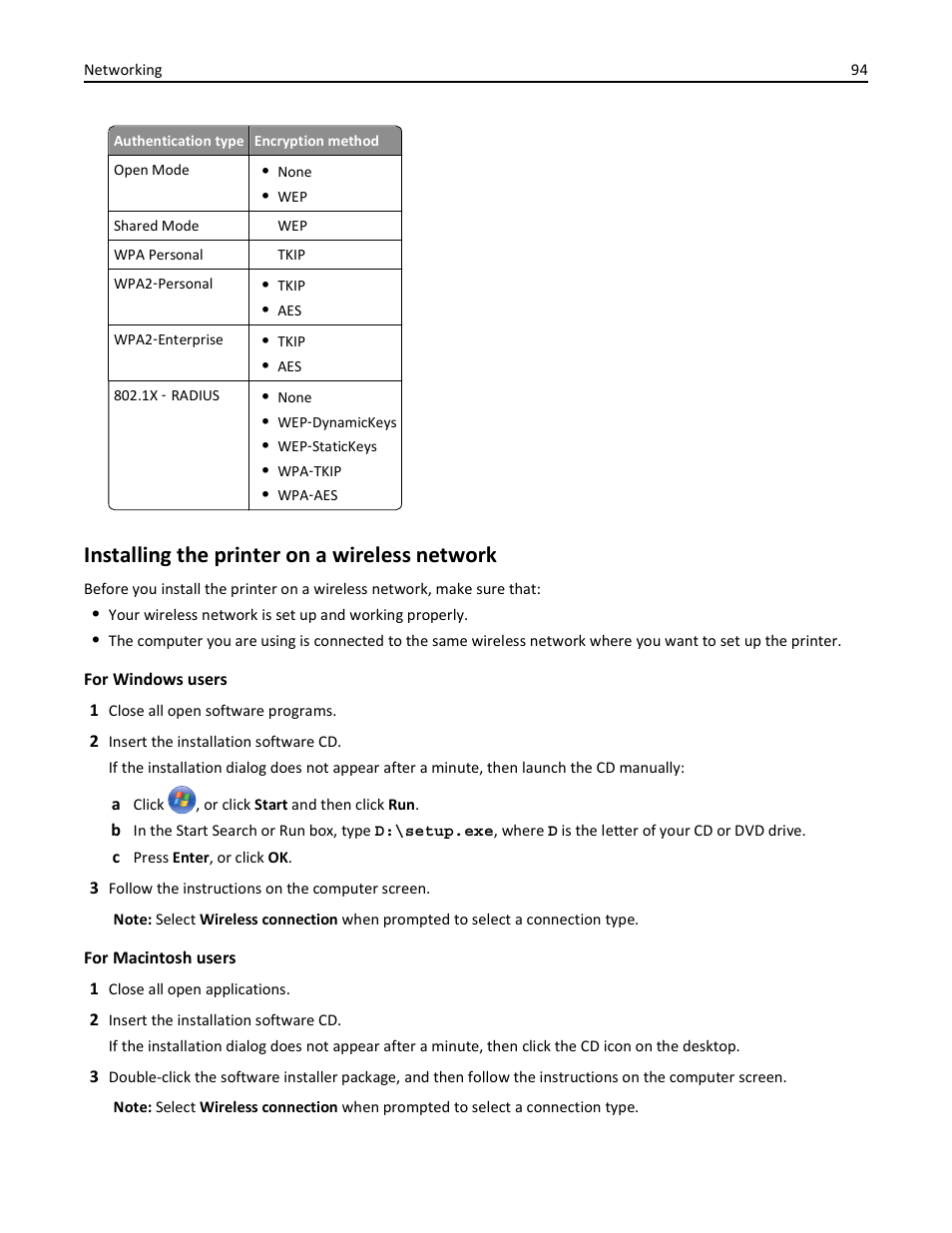 Installing the printer on a wireless network | Lexmark S510 User Manual | Page 94 / 189