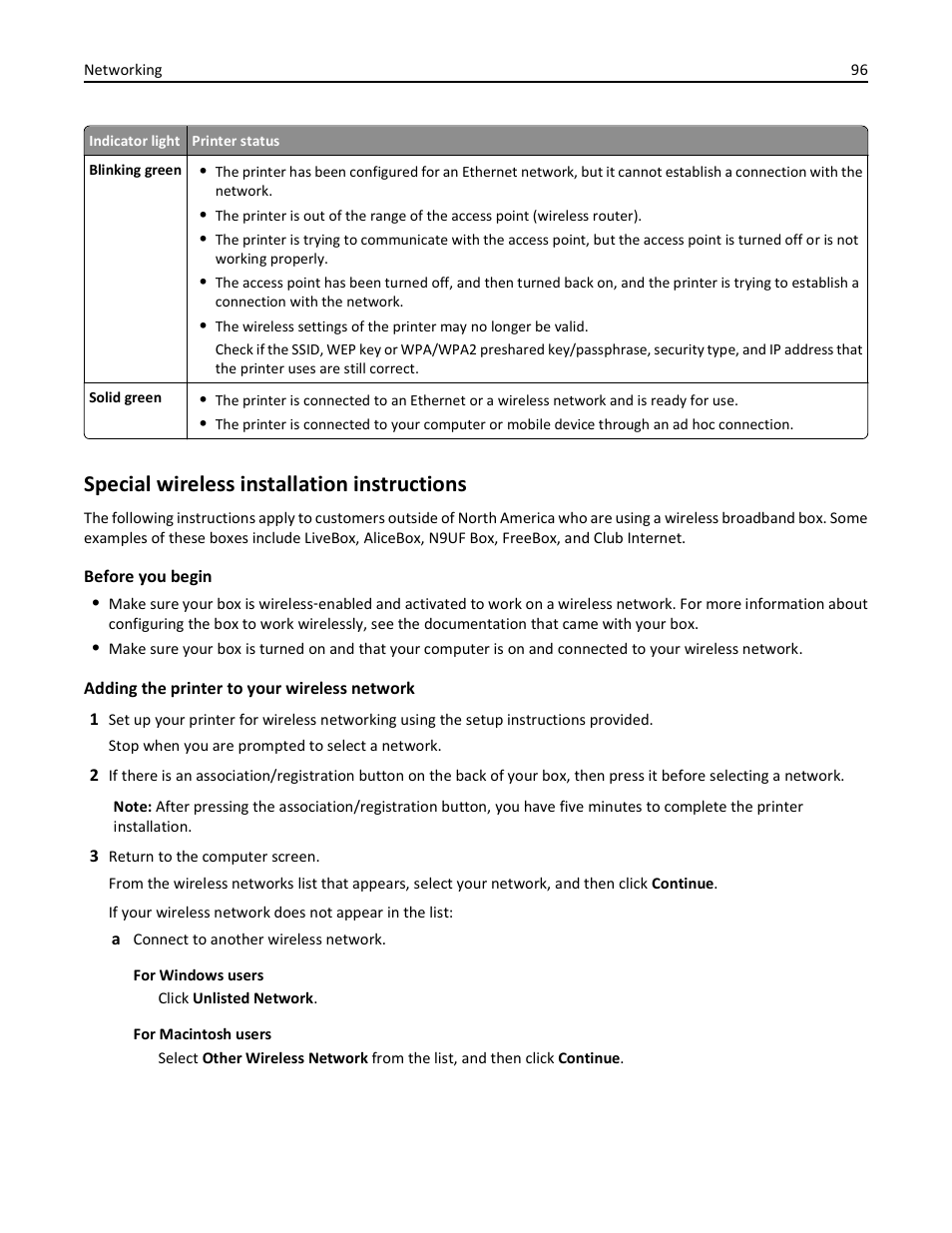 Special wireless installation instructions | Lexmark S510 User Manual | Page 96 / 189