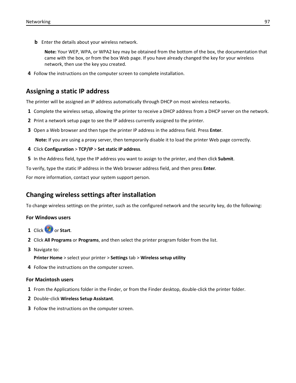Assigning a static ip address, Changing wireless settings after installation | Lexmark S510 User Manual | Page 97 / 189