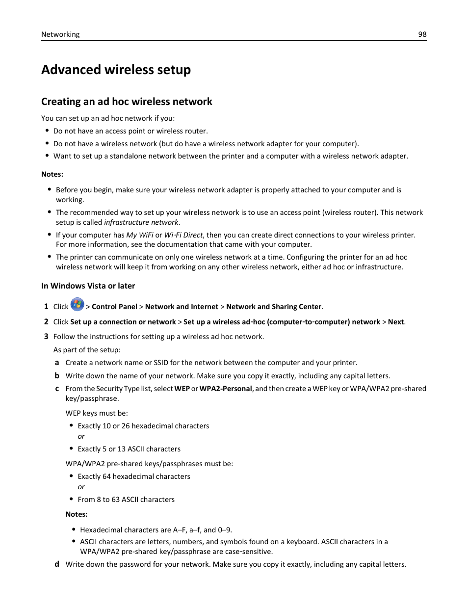 Advanced wireless setup, Creating an ad hoc wireless network | Lexmark S510 User Manual | Page 98 / 189