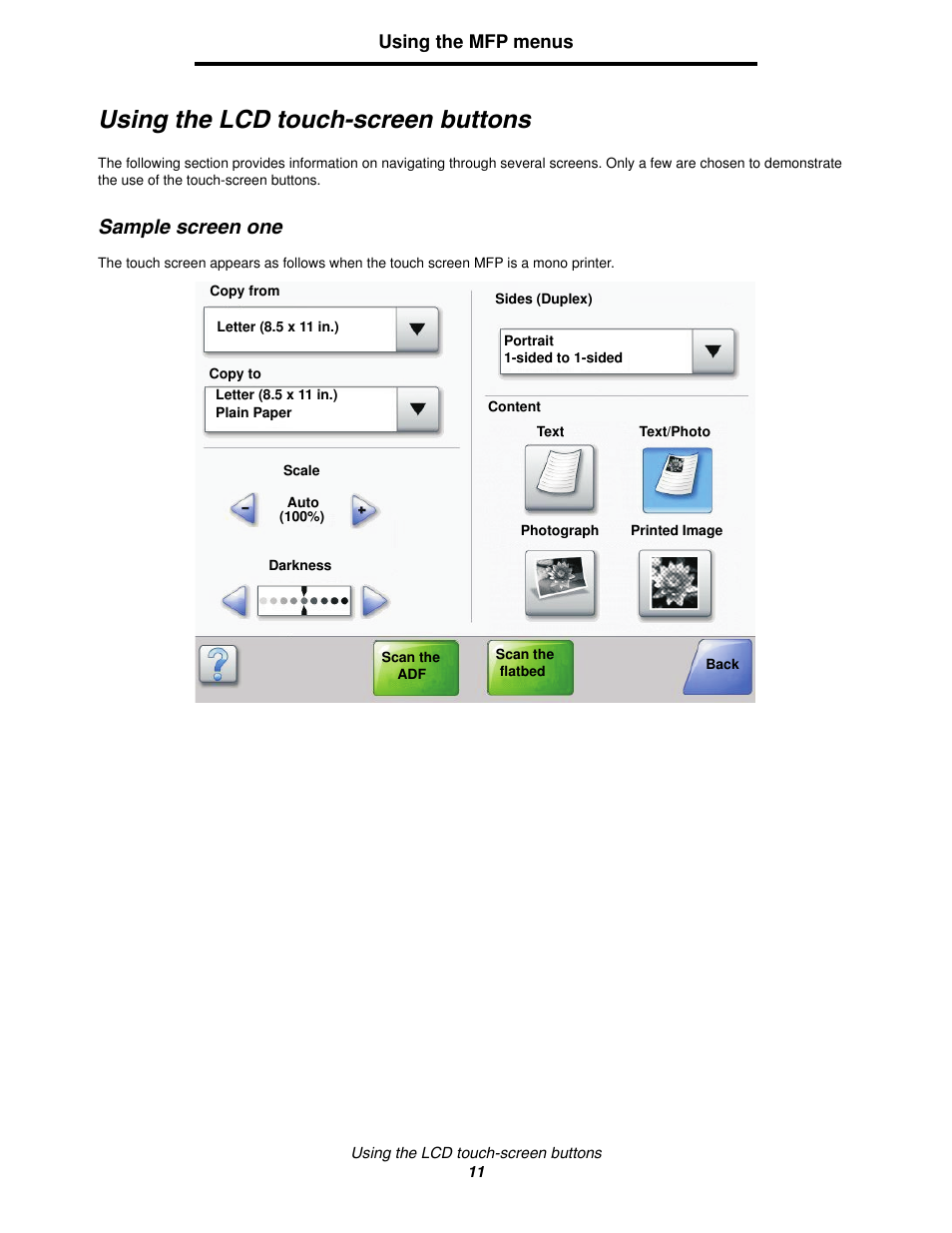 Using the lcd touch-screen buttons, Sample screen one | Lexmark 4600MFP User Manual | Page 11 / 128