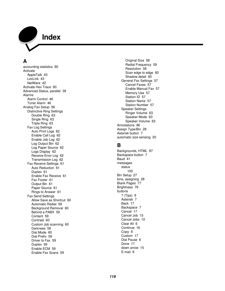 Index | Lexmark 4600MFP User Manual | Page 119 / 128