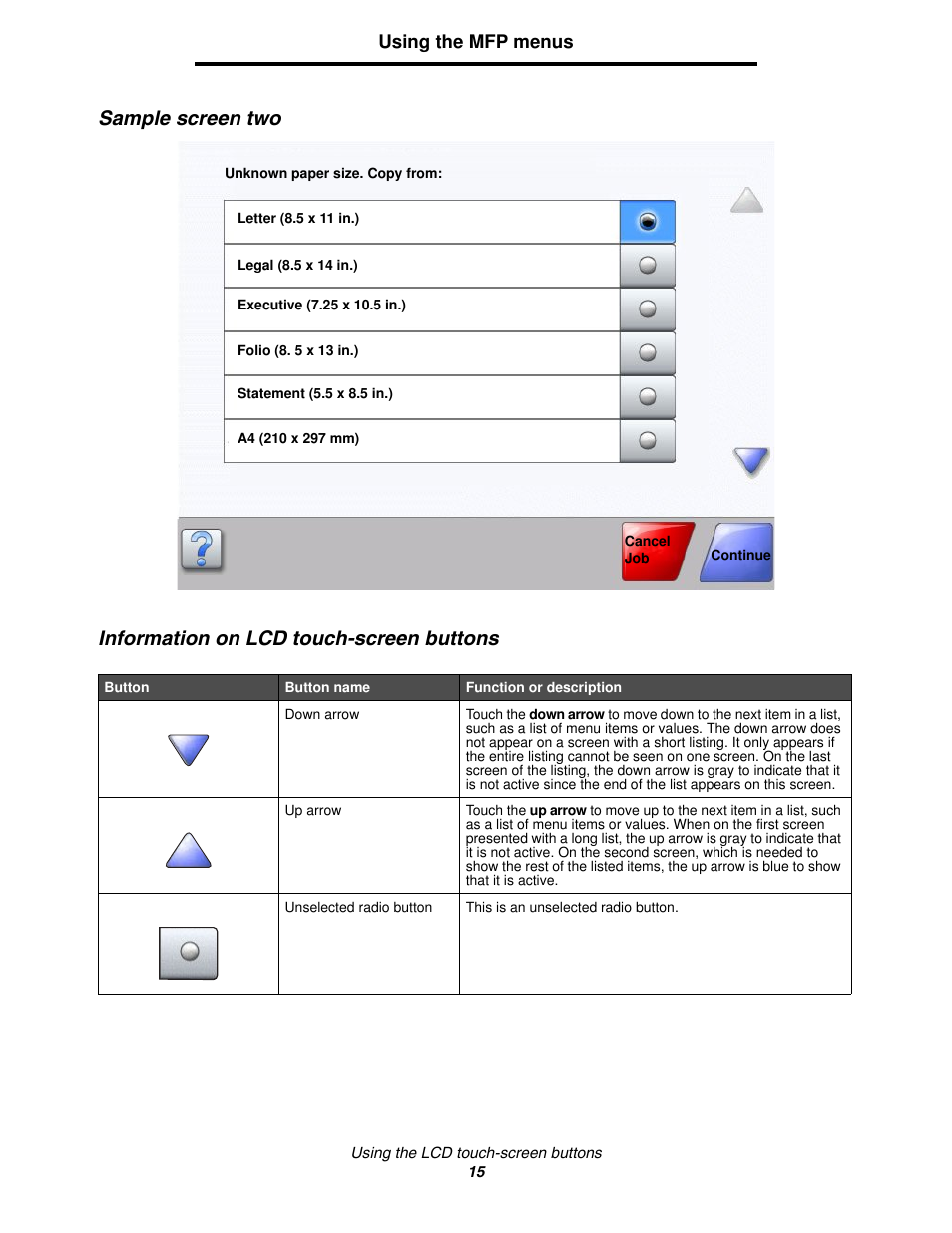 Sample screen two, Information on lcd touch-screen buttons | Lexmark 4600MFP User Manual | Page 15 / 128