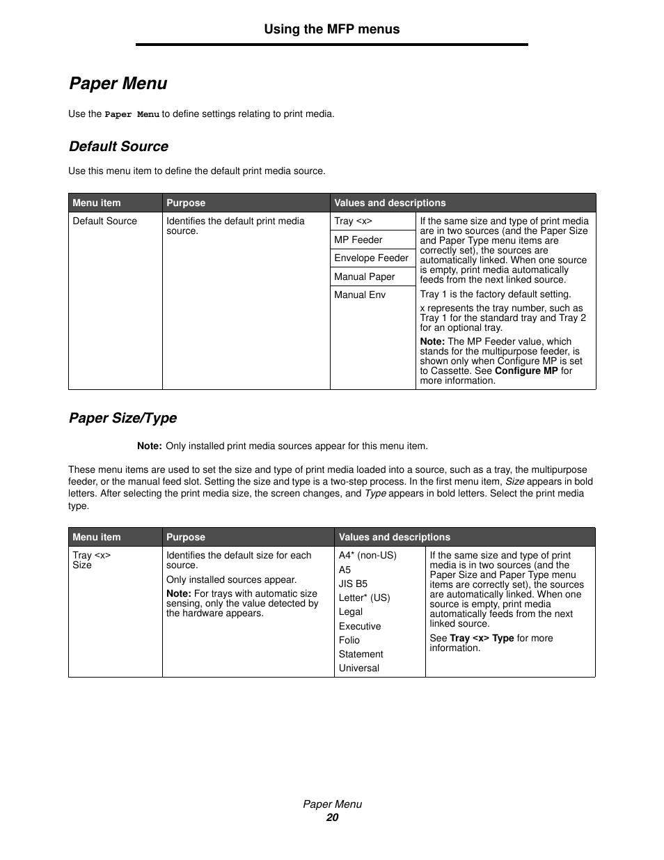 Paper menu, Default source, Paper size/type | Default source paper size/type, Paper menu default source paper size/type | Lexmark 4600MFP User Manual | Page 20 / 128