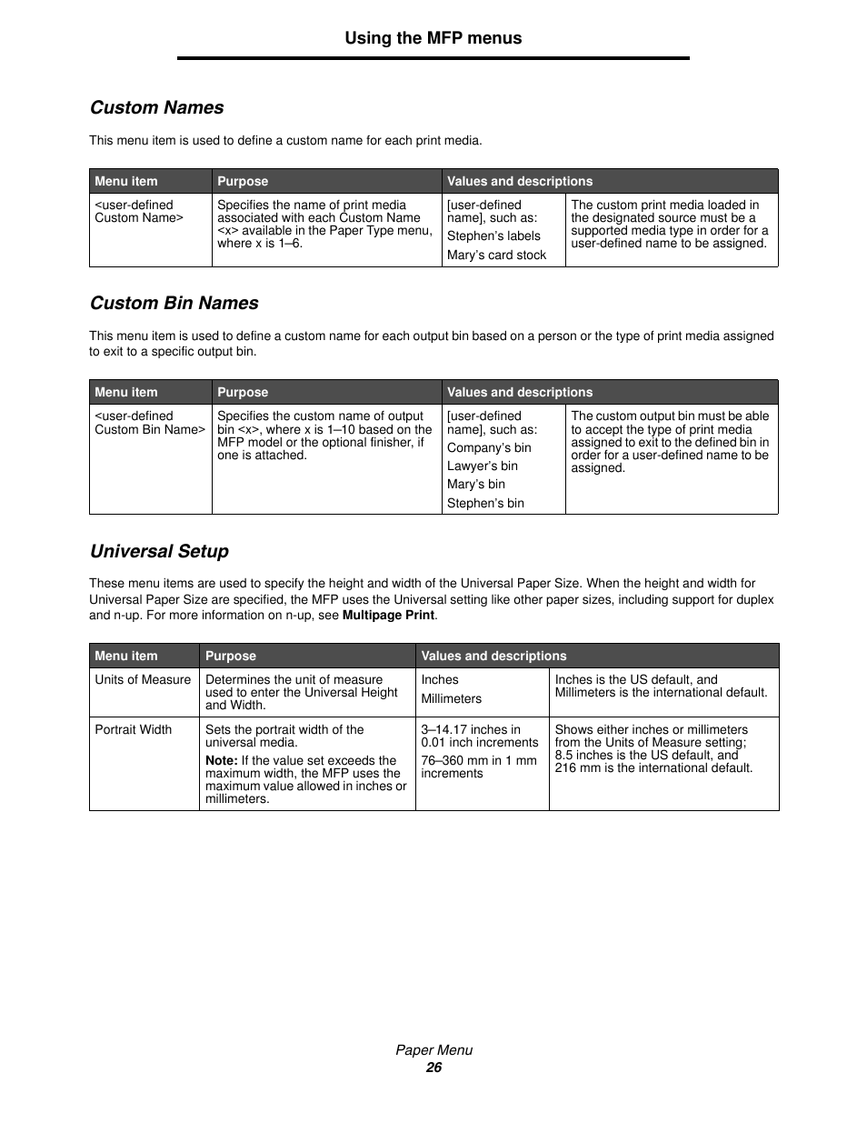 Custom names, Custom bin names, Universal setup | Custom names custom bin names universal setup | Lexmark 4600MFP User Manual | Page 26 / 128
