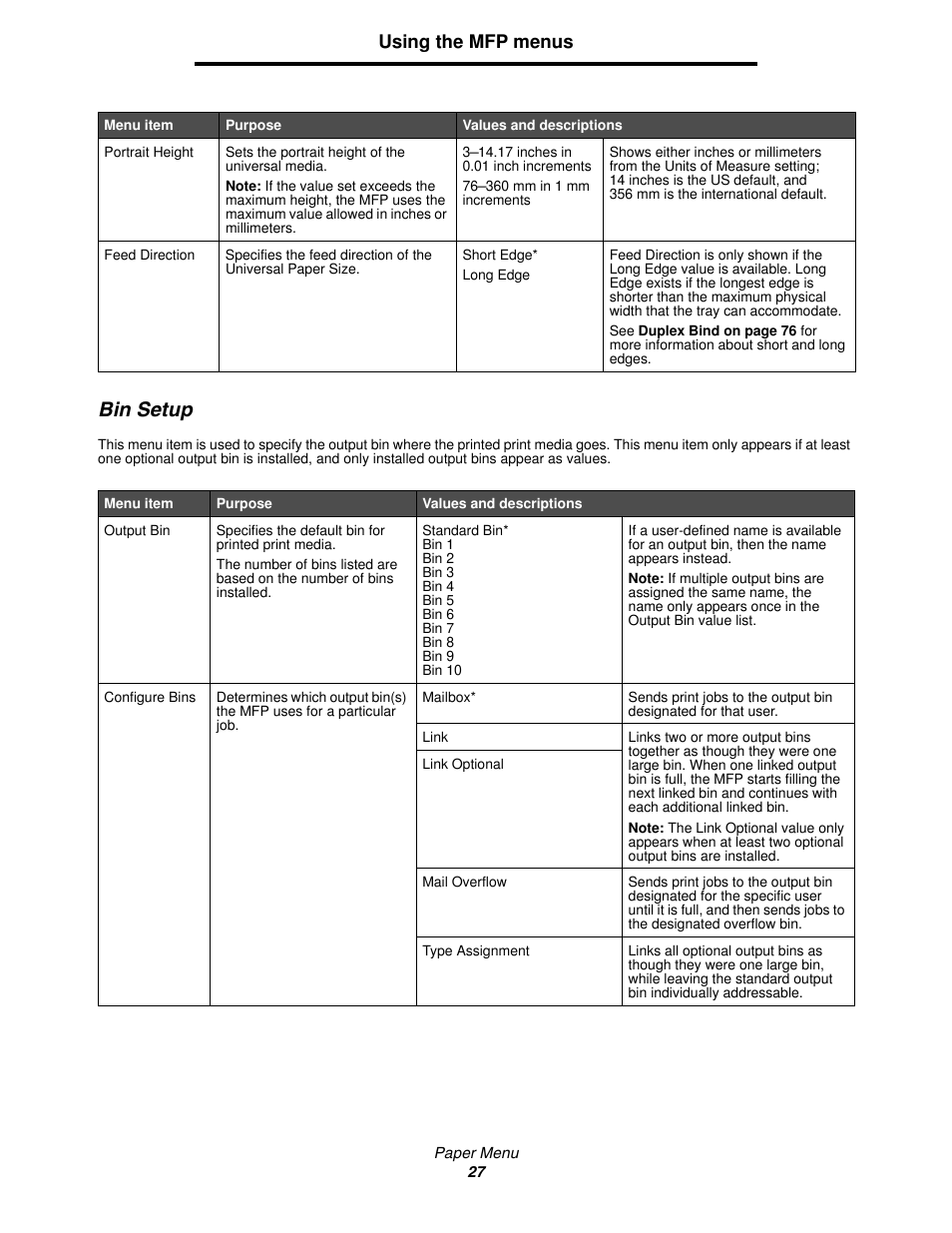 Bin setup, Using the mfp menus | Lexmark 4600MFP User Manual | Page 27 / 128