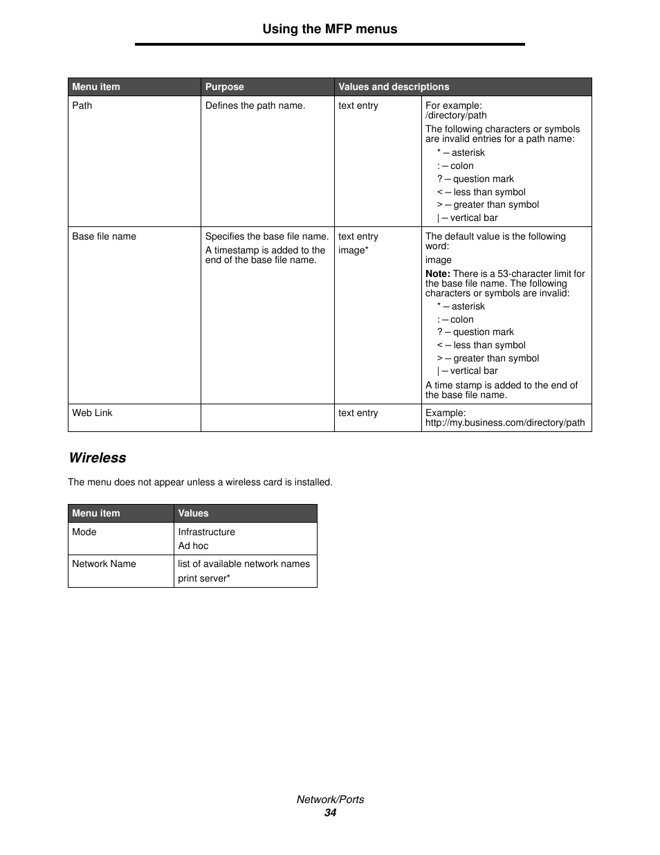 Wireless, Using the mfp menus | Lexmark 4600MFP User Manual | Page 34 / 128