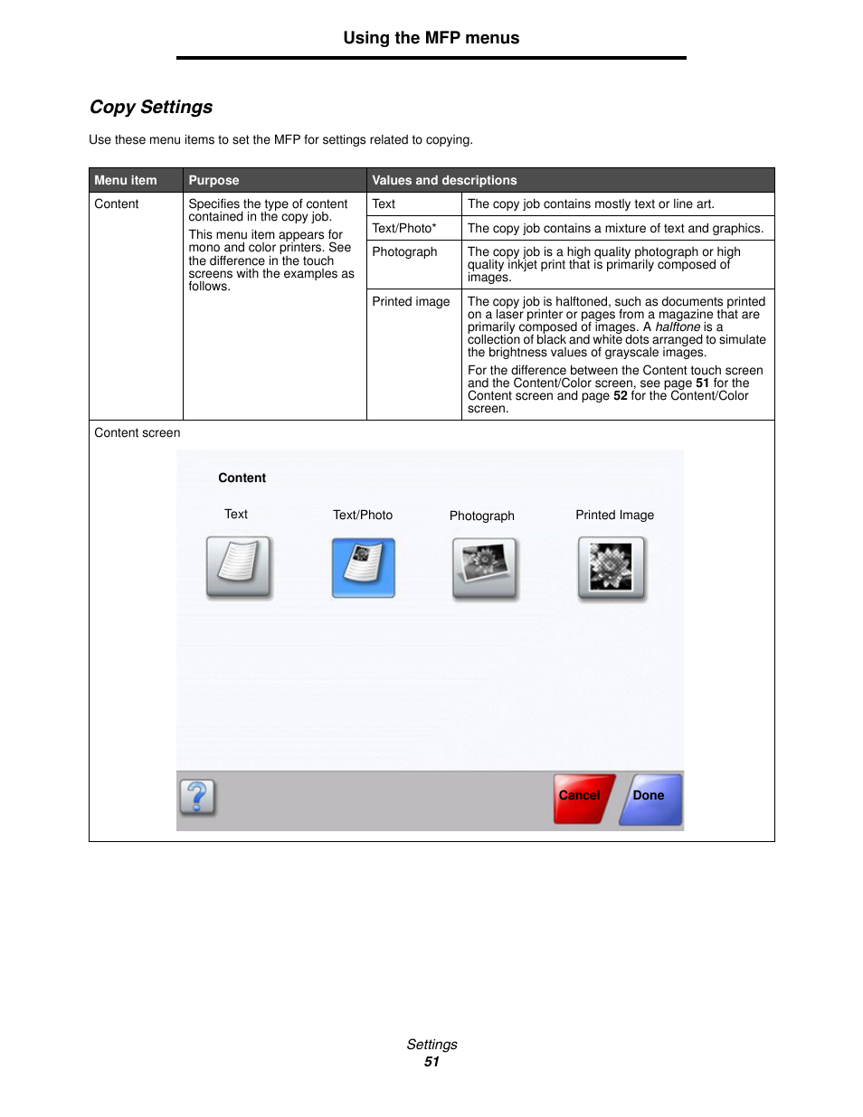 Copy settings, Using the mfp menus | Lexmark 4600MFP User Manual | Page 51 / 128