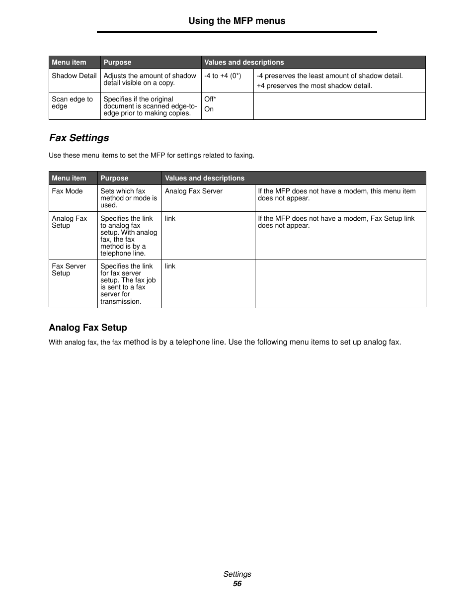 Fax settings, Using the mfp menus, Analog fax setup | Lexmark 4600MFP User Manual | Page 56 / 128