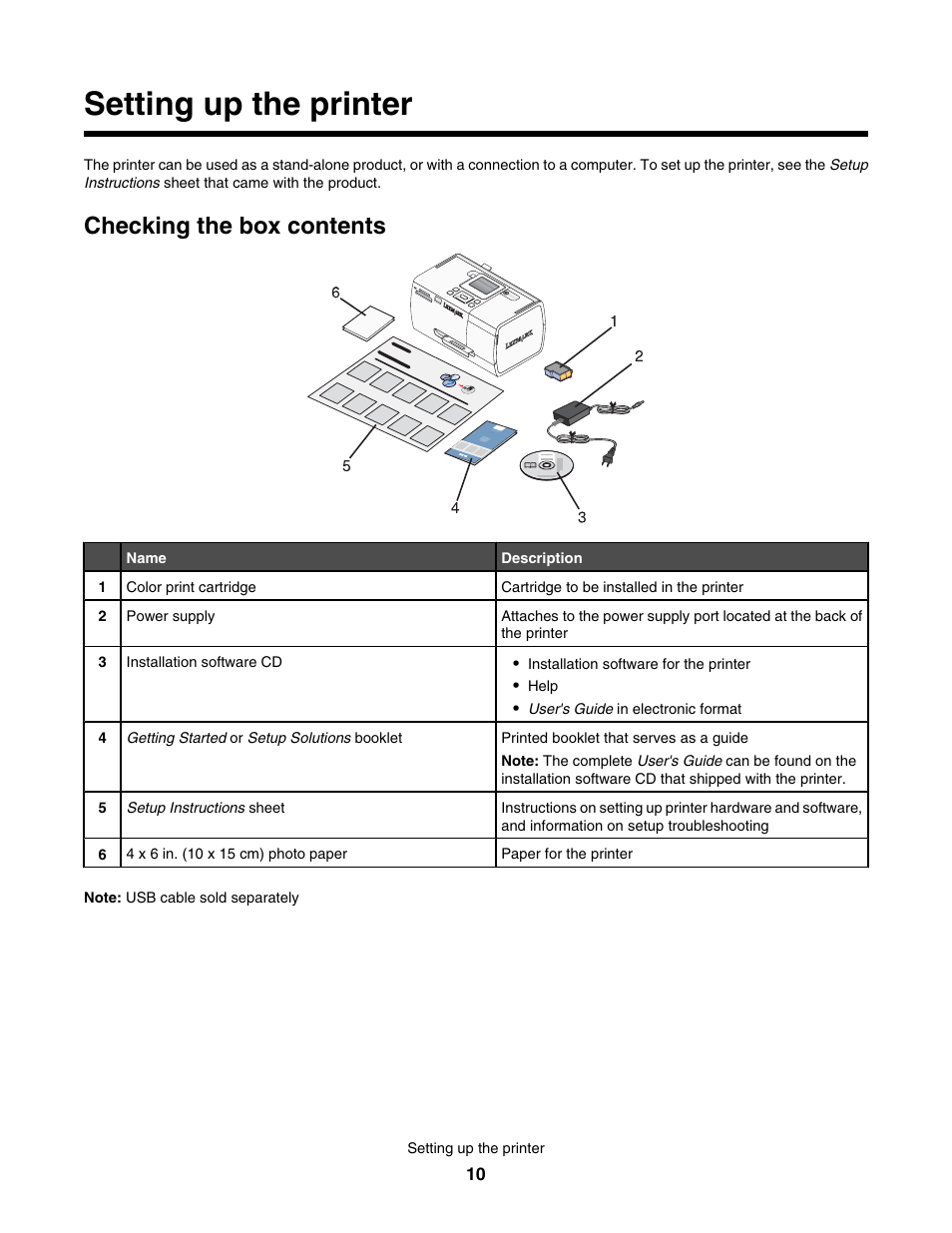 Setting up the printer, Checking the box contents | Lexmark 350 Series User Manual | Page 10 / 58