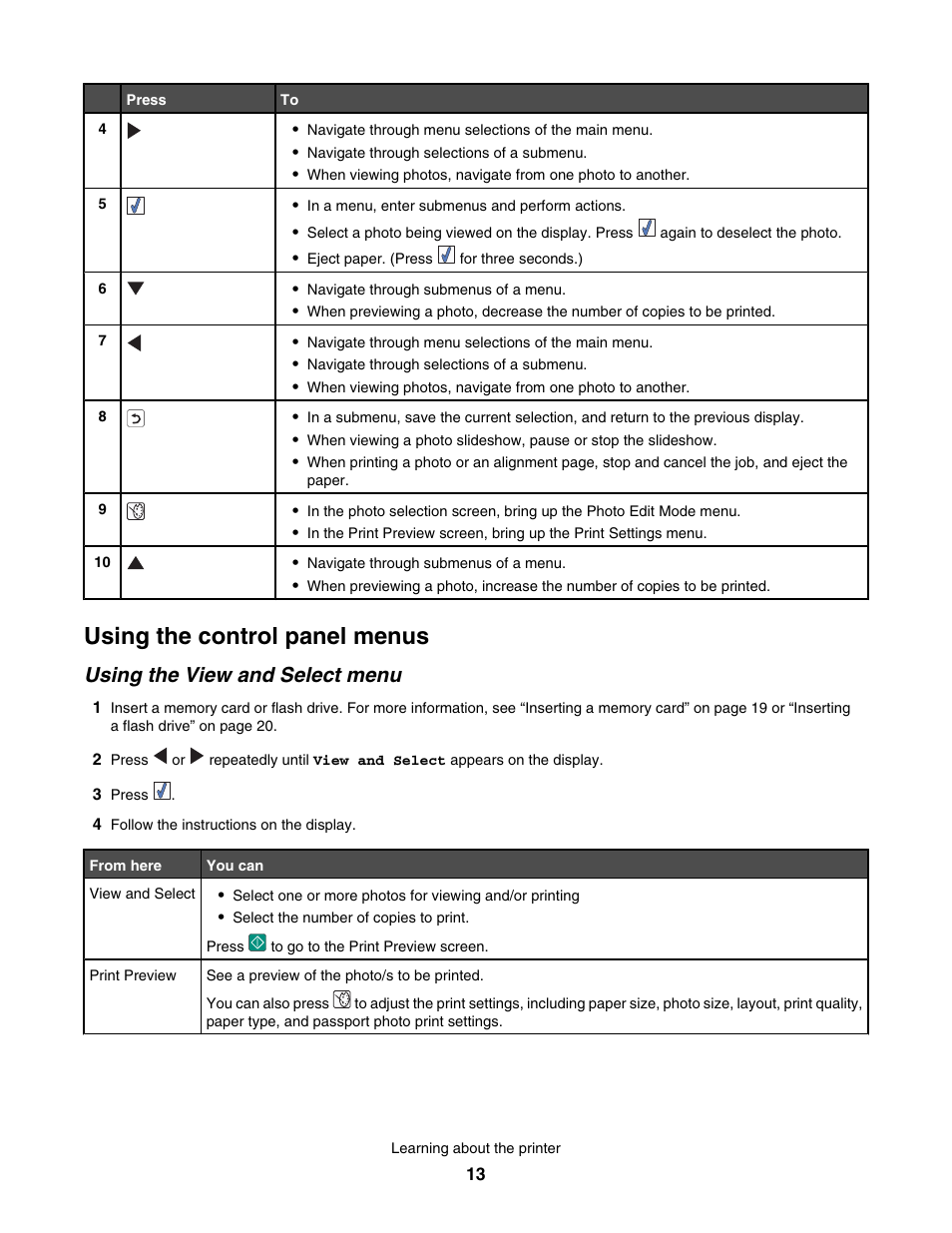 Using the control panel menus, Using the view and select menu | Lexmark 350 Series User Manual | Page 13 / 58