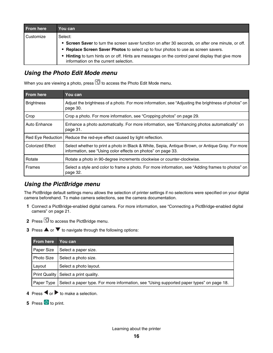 Using the photo edit mode menu, Using the pictbridge menu | Lexmark 350 Series User Manual | Page 16 / 58