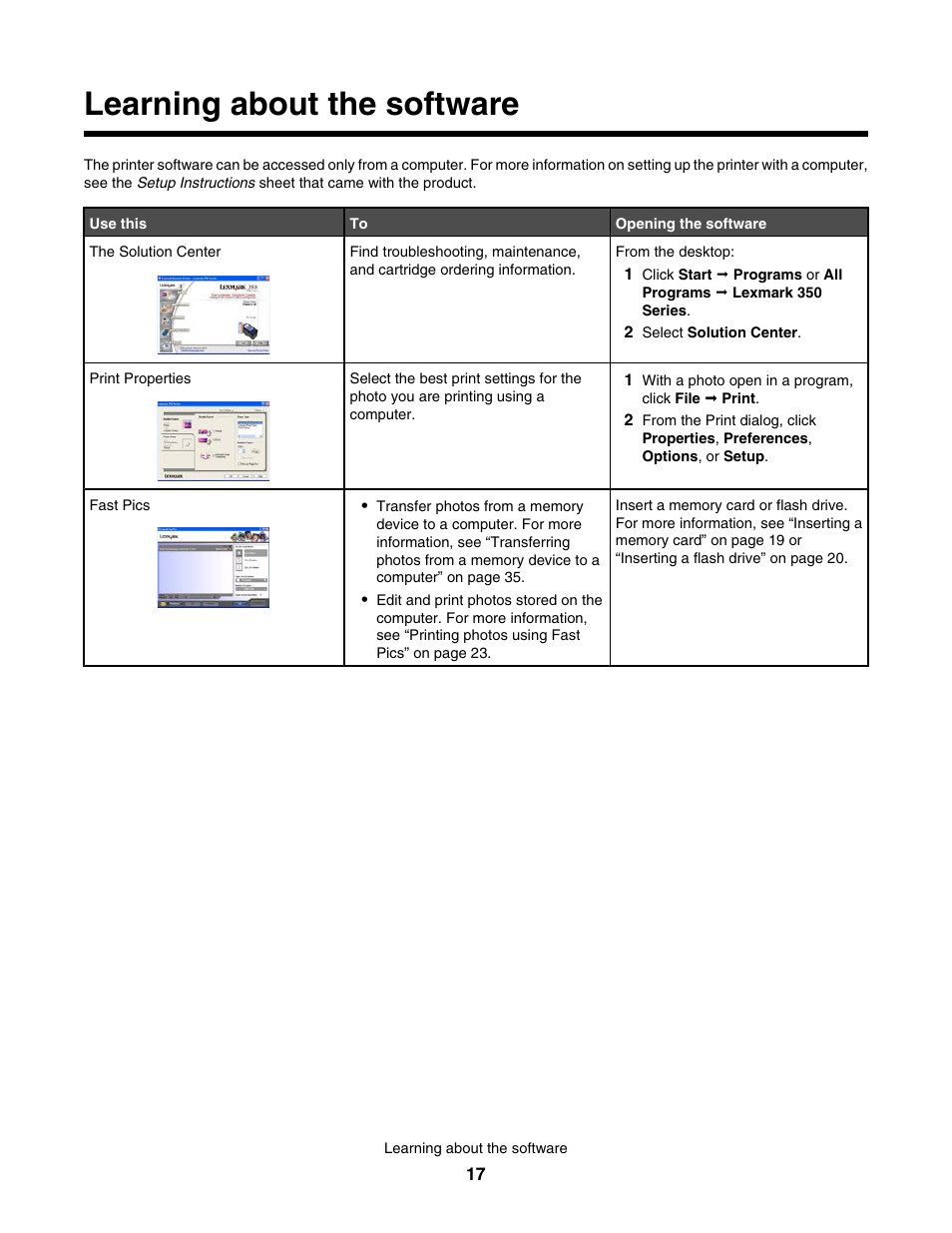 Learning about the software | Lexmark 350 Series User Manual | Page 17 / 58