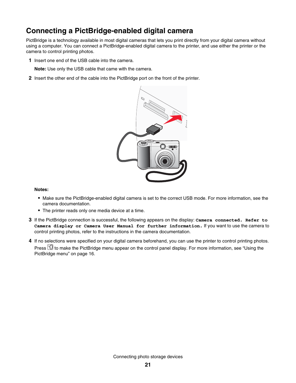 Connecting a pictbridge-enabled digital camera | Lexmark 350 Series User Manual | Page 21 / 58