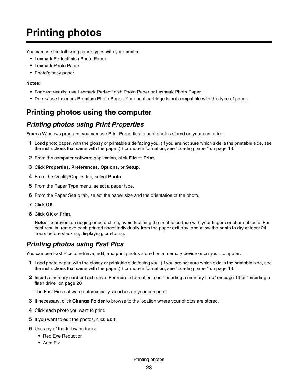 Printing photos, Printing photos using the computer, Printing photos using print properties | Printing photos using fast pics | Lexmark 350 Series User Manual | Page 23 / 58