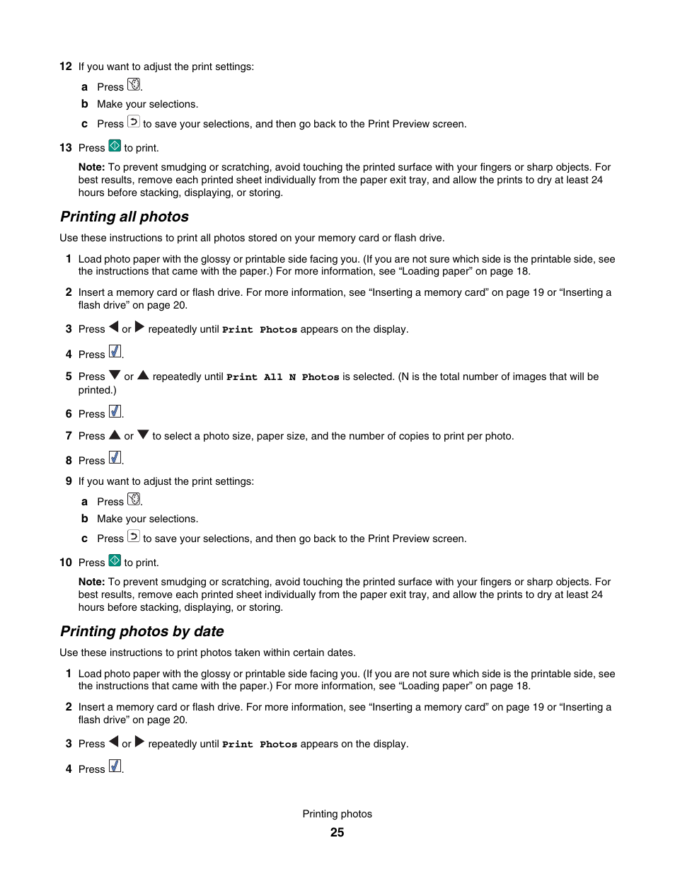 Printing all photos, Printing photos by date | Lexmark 350 Series User Manual | Page 25 / 58