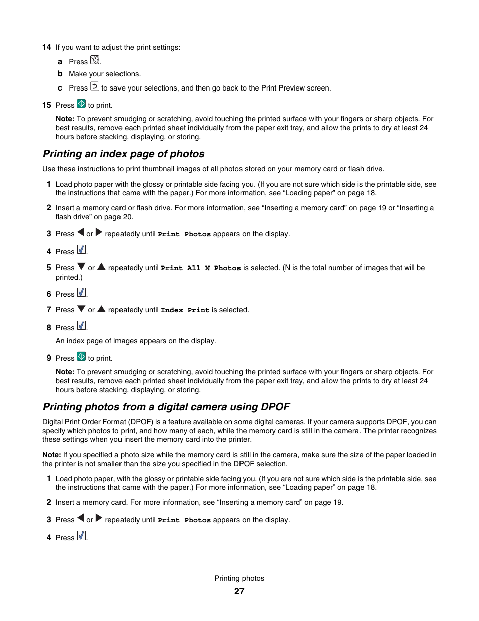 Printing photos from a digital camera using dpof, Printing an index page of photos | Lexmark 350 Series User Manual | Page 27 / 58