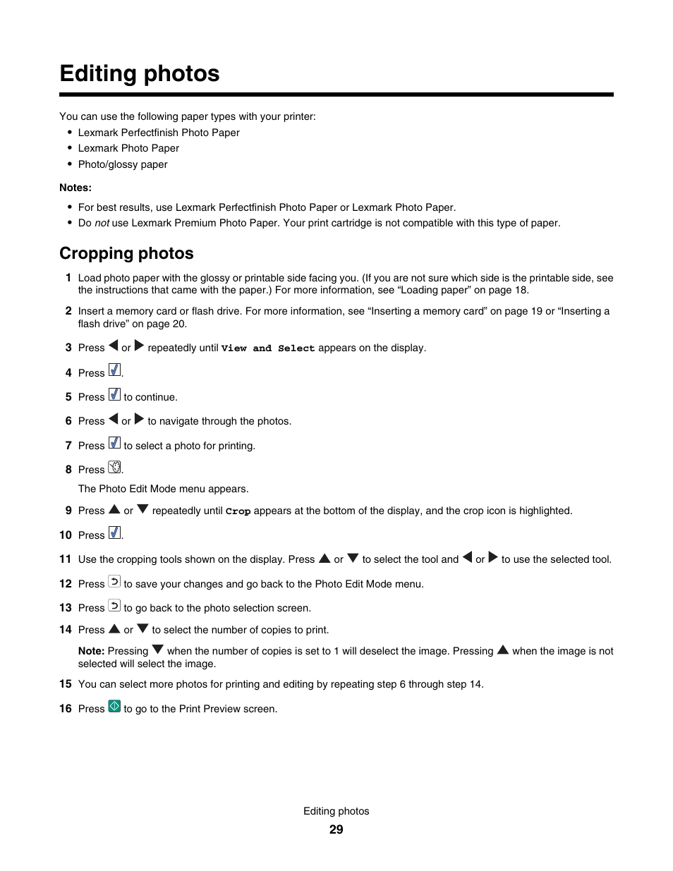 Editing photos, Cropping photos | Lexmark 350 Series User Manual | Page 29 / 58