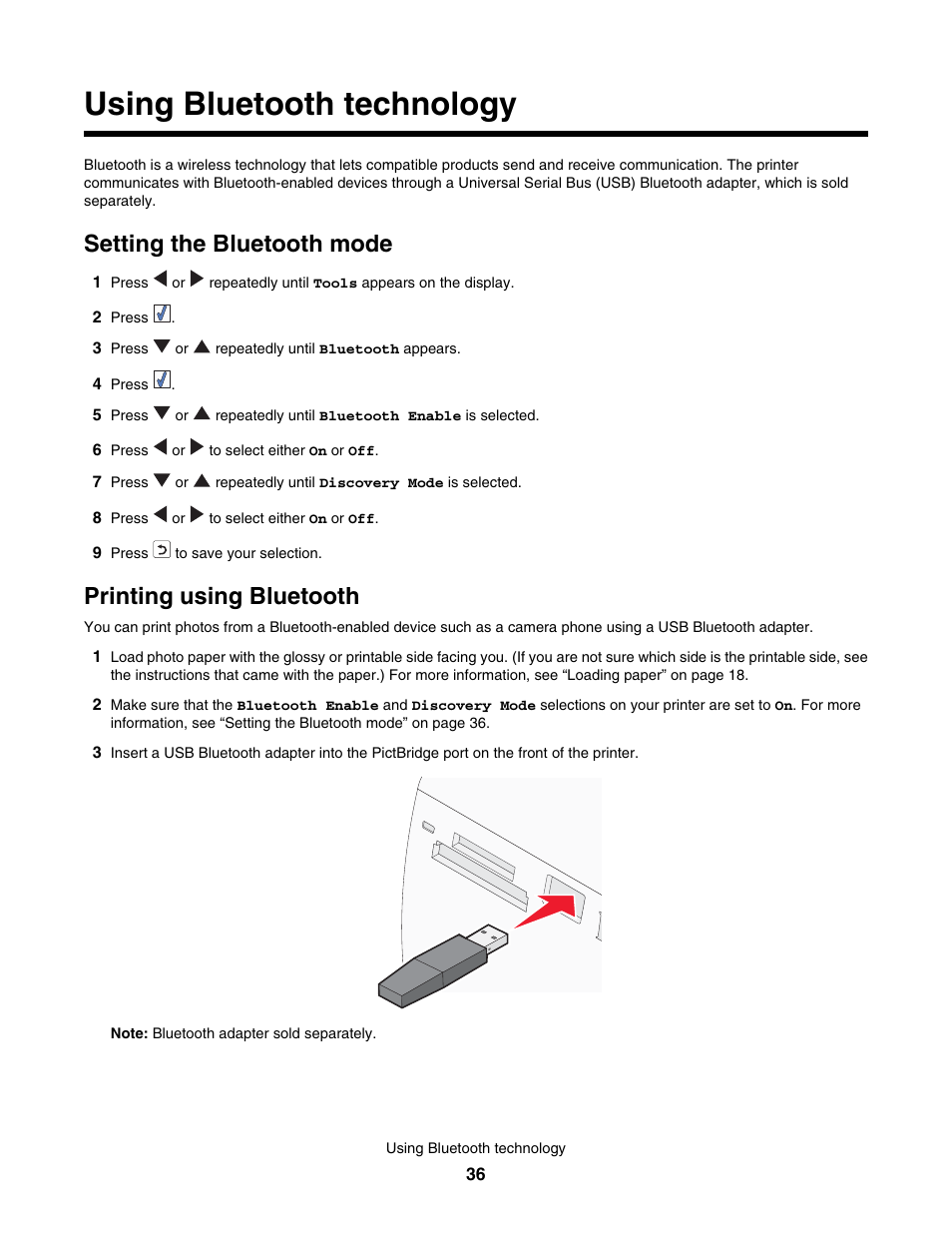 Using bluetooth technology, Setting the bluetooth mode, Printing using bluetooth | Lexmark 350 Series User Manual | Page 36 / 58