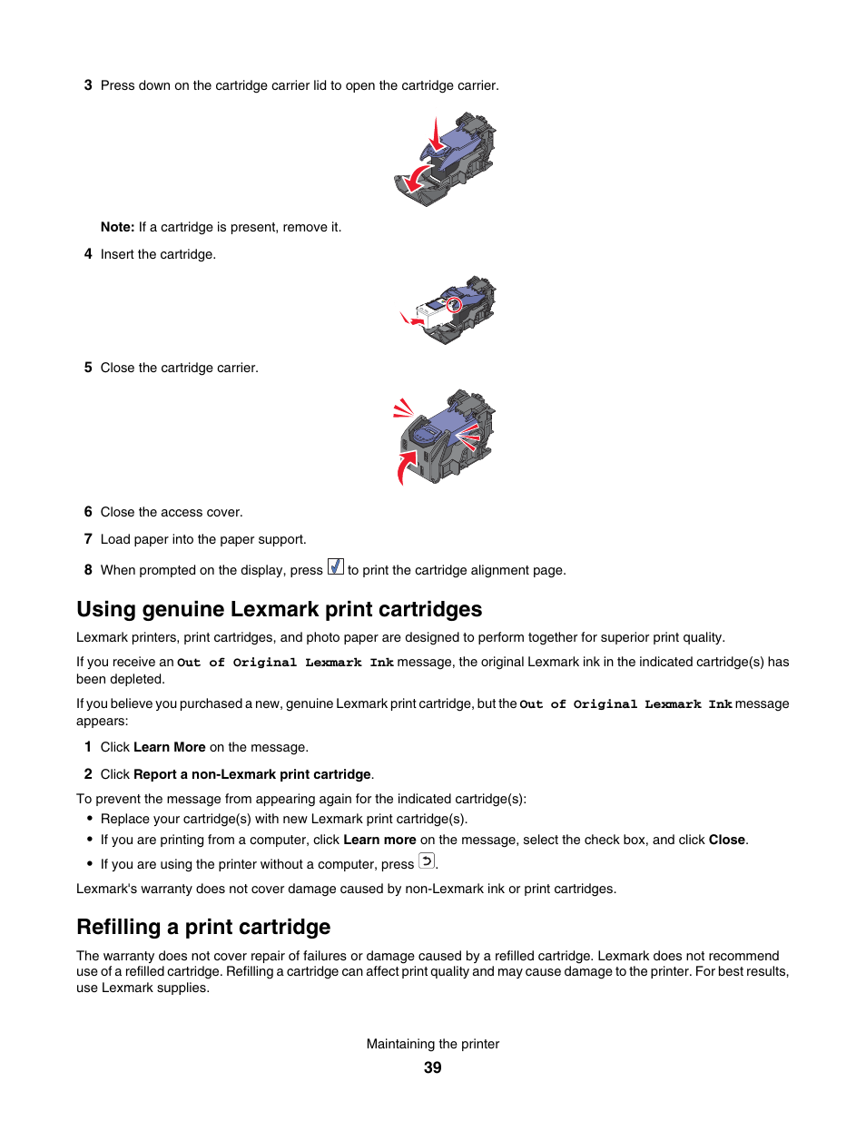 Using genuine lexmark print cartridges, Refilling a print cartridge | Lexmark 350 Series User Manual | Page 39 / 58