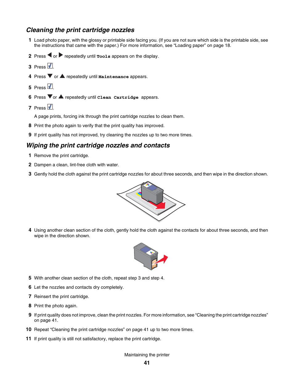 Cleaning the print cartridge nozzles, Wiping the print cartridge nozzles and contacts | Lexmark 350 Series User Manual | Page 41 / 58