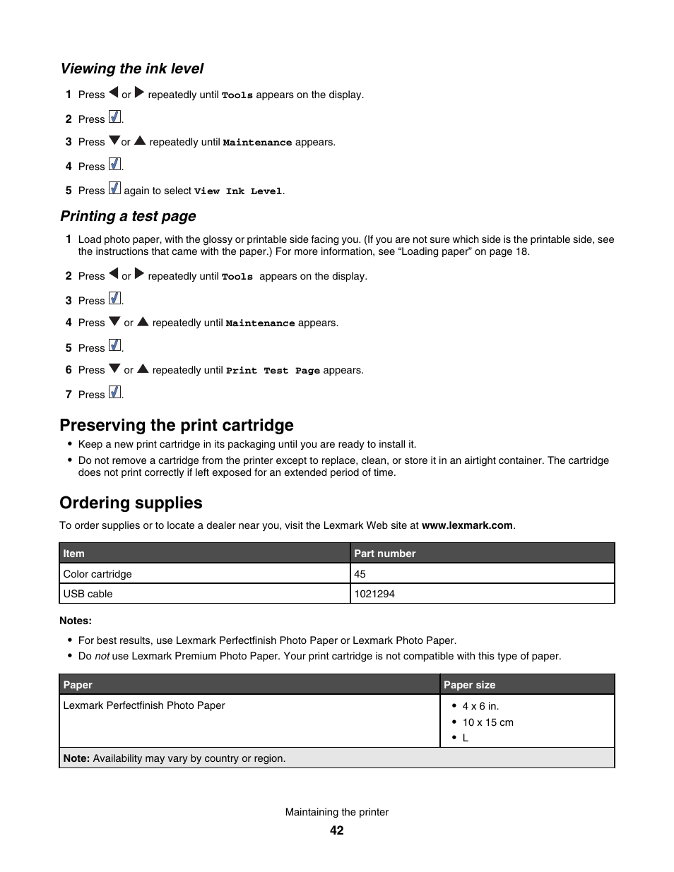 Viewing the ink level, Preserving the print cartridge, Ordering supplies | Printing a test page | Lexmark 350 Series User Manual | Page 42 / 58