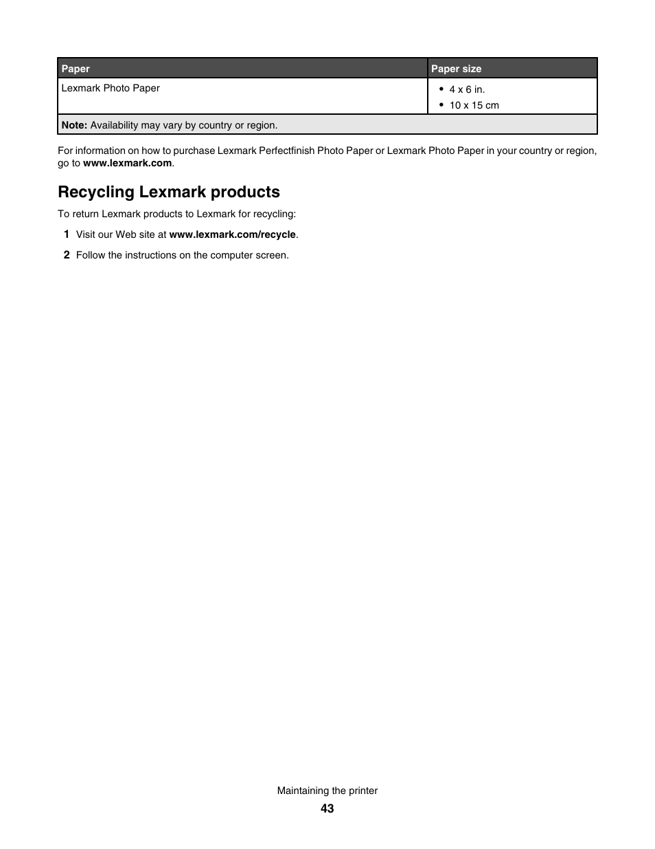 Recycling lexmark products | Lexmark 350 Series User Manual | Page 43 / 58