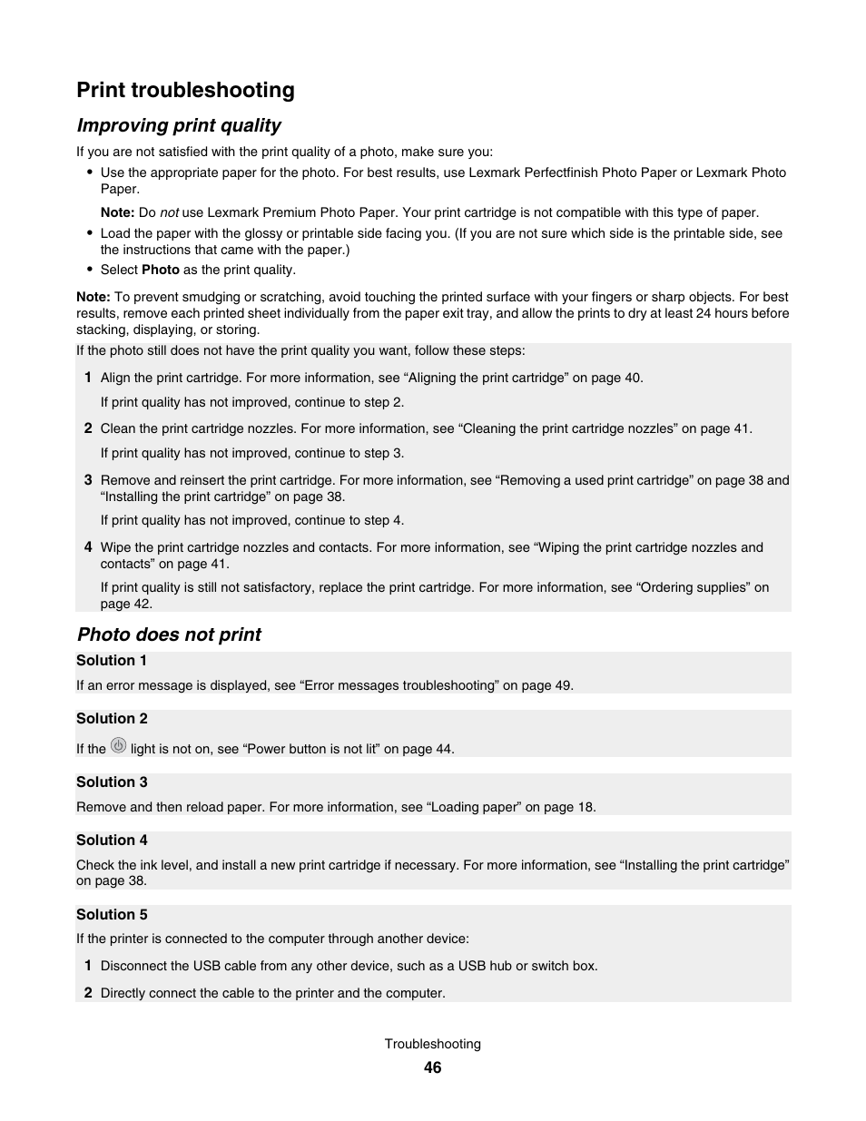 Print troubleshooting, Improving print quality, Photo does not print | Lexmark 350 Series User Manual | Page 46 / 58