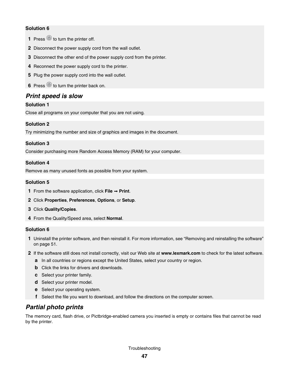 Print speed is slow, Partial photo prints | Lexmark 350 Series User Manual | Page 47 / 58