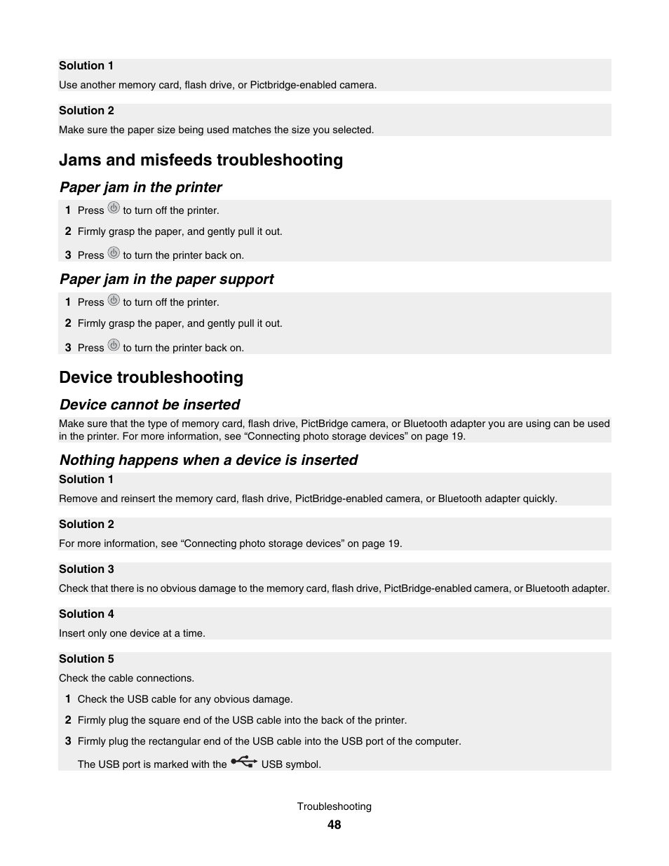 Jams and misfeeds troubleshooting, Paper jam in the printer, Paper jam in the paper support | Device troubleshooting, Device cannot be inserted, Nothing happens when a device is inserted | Lexmark 350 Series User Manual | Page 48 / 58