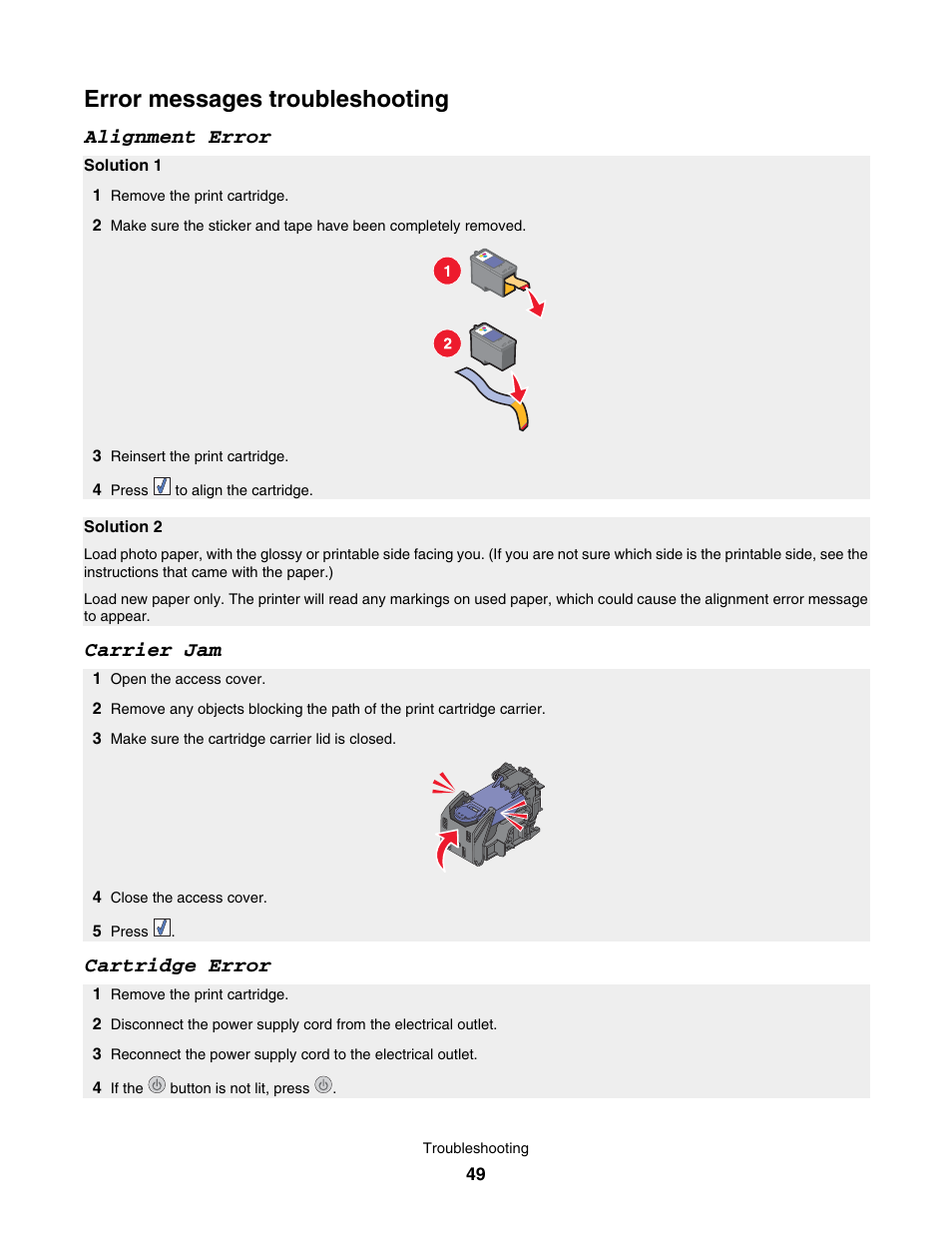 Error messages troubleshooting, Alignment error, Carrier jam | Cartridge error | Lexmark 350 Series User Manual | Page 49 / 58
