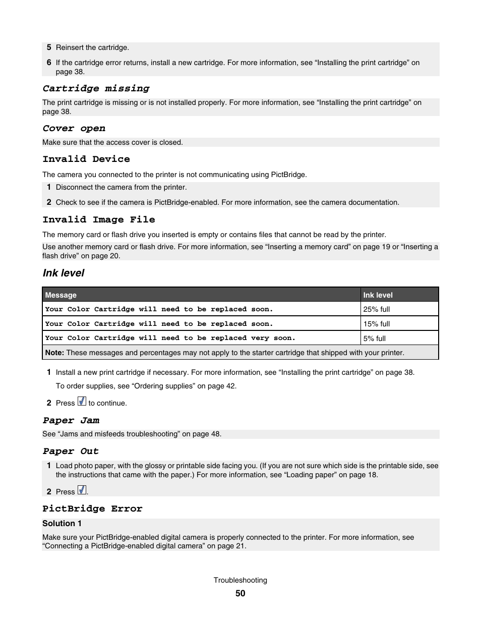 Cartridge missing, Cover open, Invalid device | Invalid image file, Ink level, Paper jam, Paper out, Pictbridge error | Lexmark 350 Series User Manual | Page 50 / 58