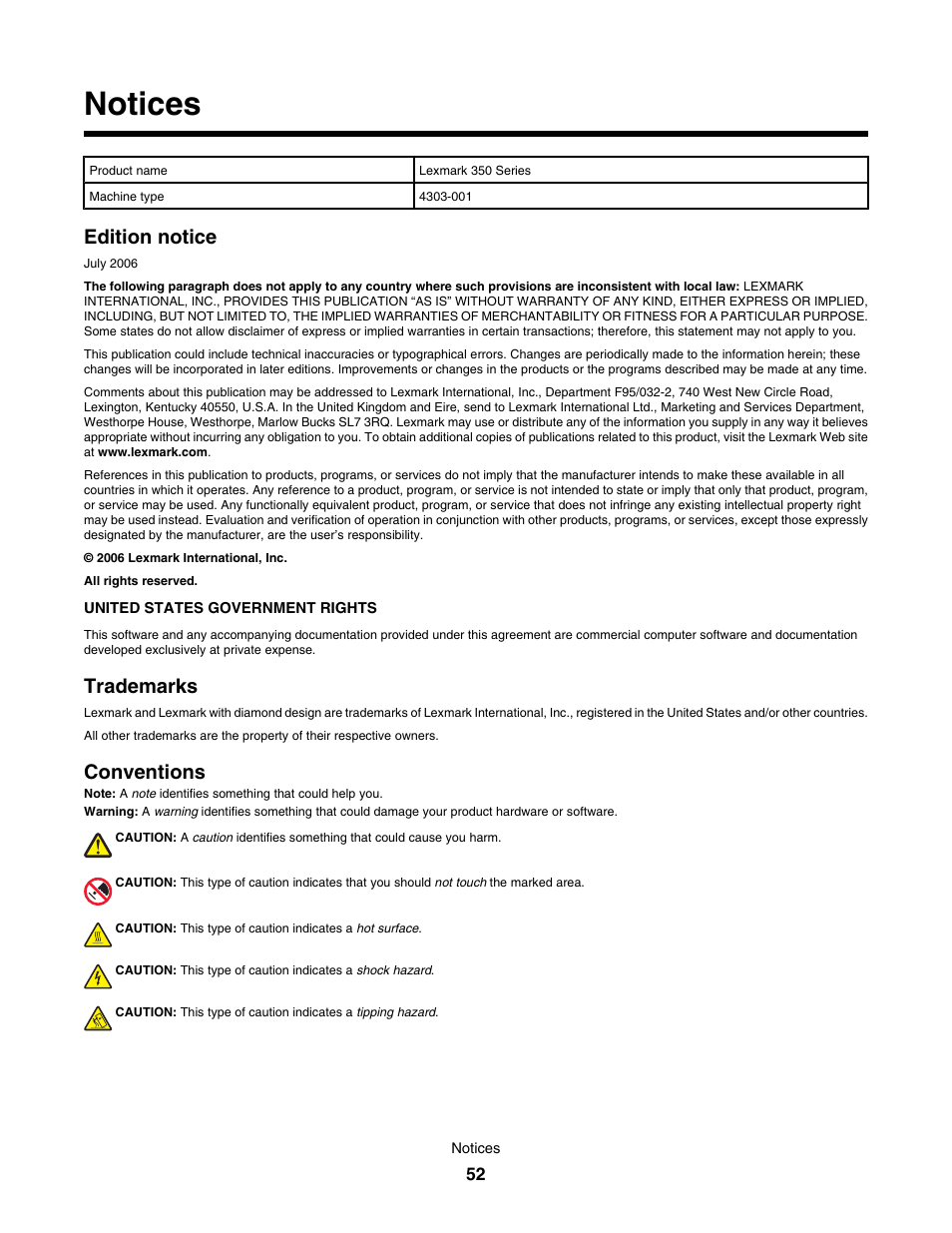 Notices, Edition notice, Trademarks | Conventions | Lexmark 350 Series User Manual | Page 52 / 58