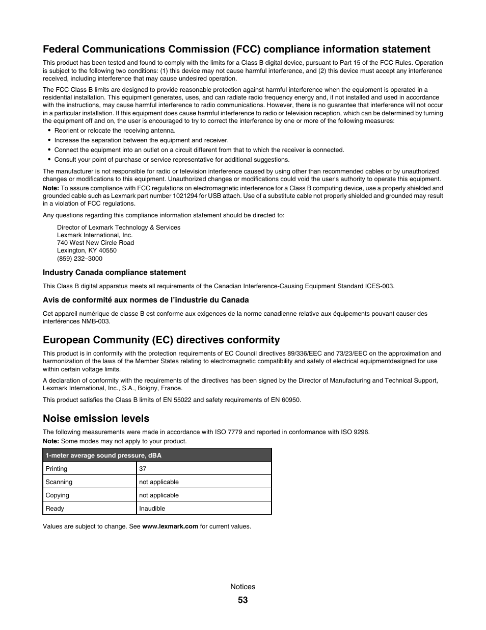 European community (ec) directives conformity, Noise emission levels | Lexmark 350 Series User Manual | Page 53 / 58