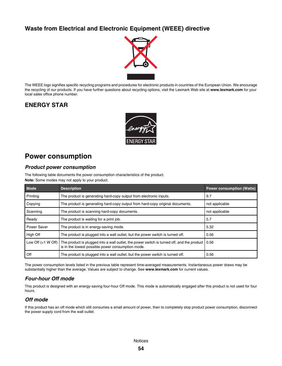 Energy star, Power consumption, Product power consumption | Four-hour off mode, Off mode | Lexmark 350 Series User Manual | Page 54 / 58